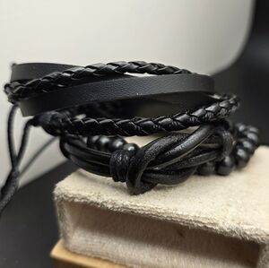Black Braided Leather Bracelet Set (2254)